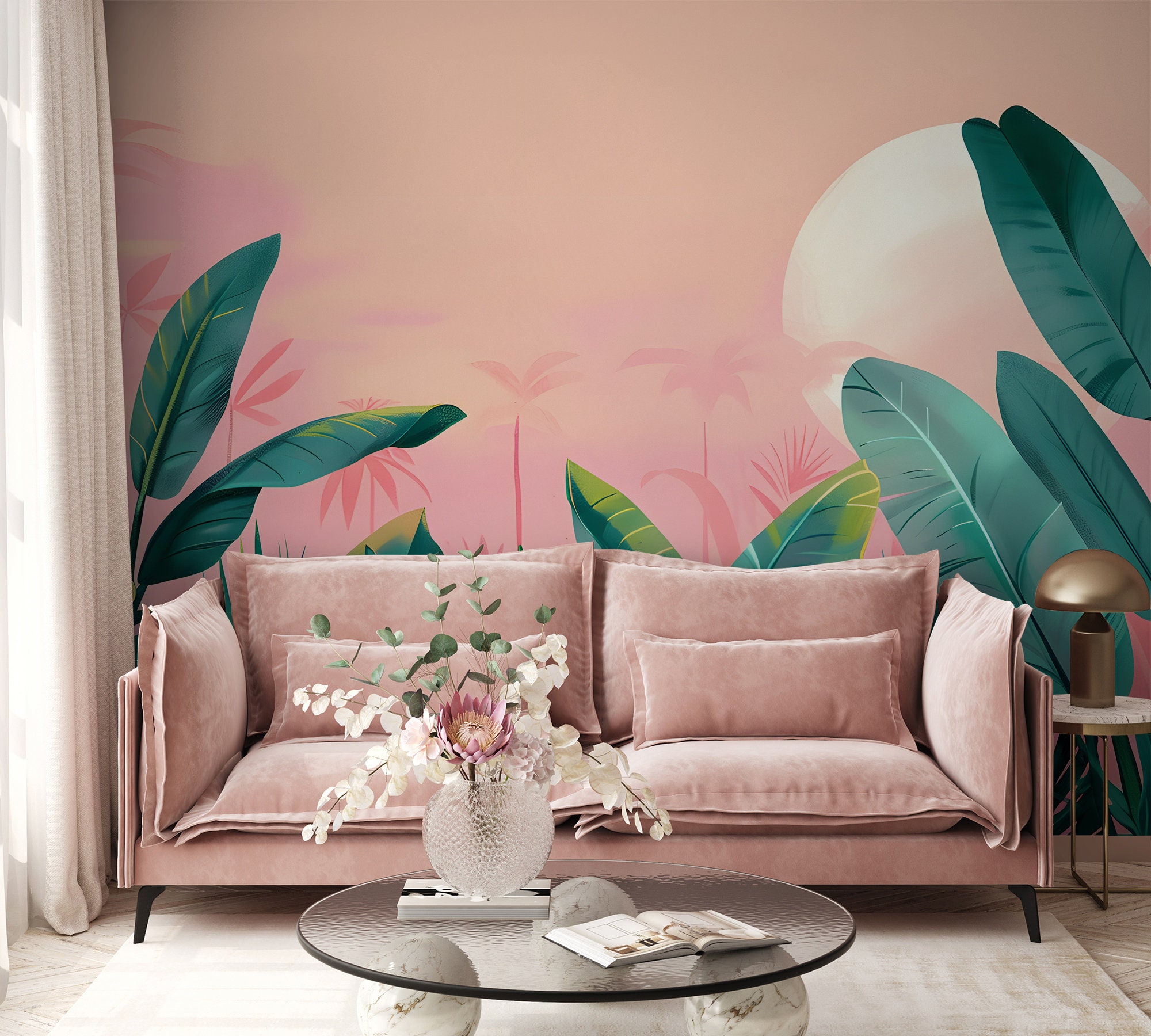 Tropical Green Leaves Wall Mural | Pink Wall Decor | Home Renovation ...