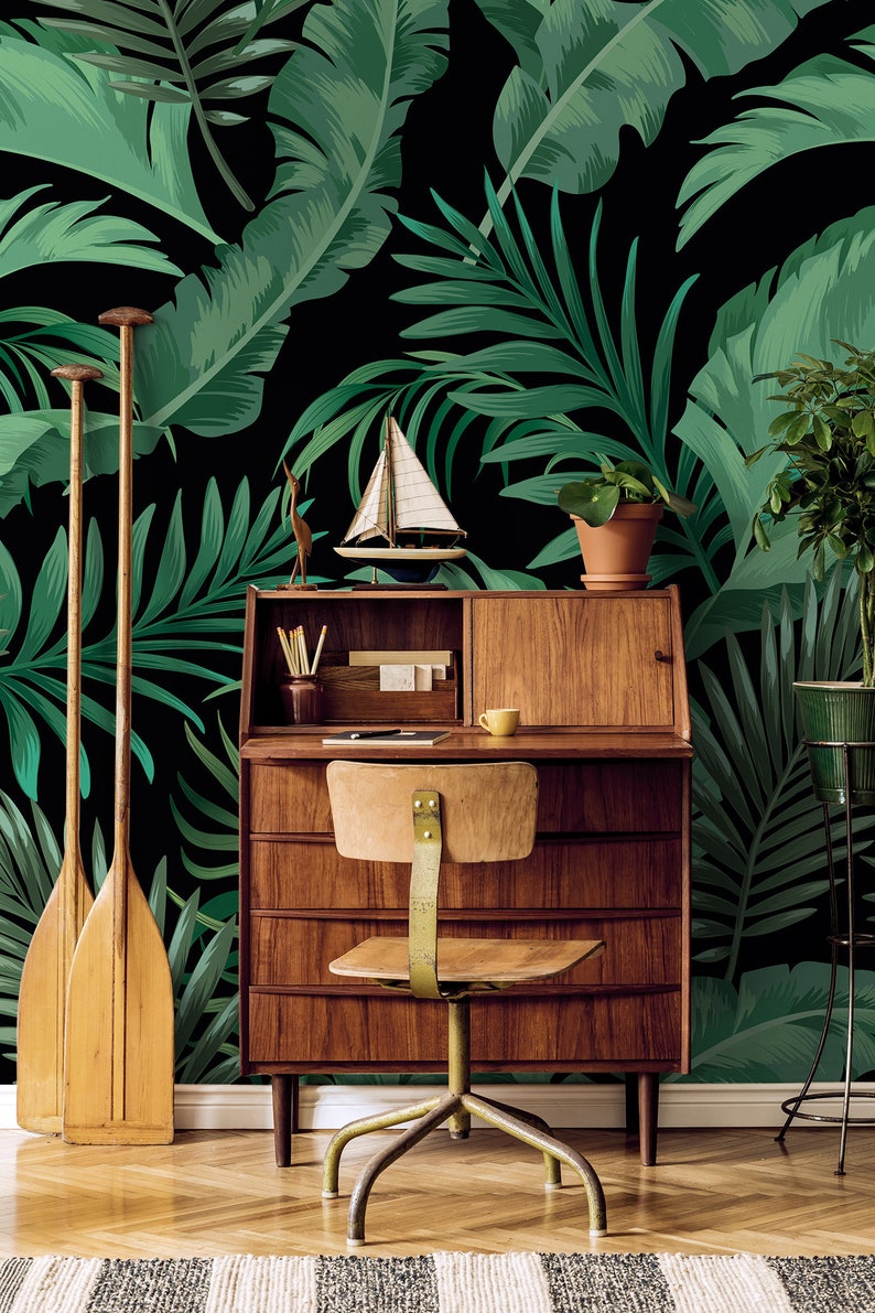 Dark Tropical Green Leaves Wall Mural | Wall Decor | Home Renovation ...
