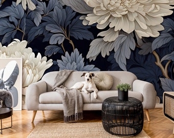 Papel pintado de flores azul oscuro y beige | Decoración de pared | Renovación del hogar | Arte de pared | Papel tapiz de vinilo despegable y pegado o no autoadhesivo