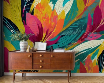 Abstrakte bunte Blumentapete | Wanddekoration | Hausrenovierung | Wandkunst | Vinyl-Tapete zum Abziehen und Aufkleben oder nicht selbstklebend