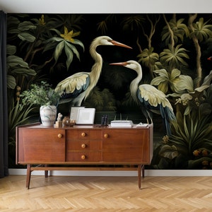 Two birds wallpaper, tropical wall mural | Wall Decor | Home Renovation | Wall Art | Peel and Stick Or Non Self-Adhesive Vinyl Wallpaper