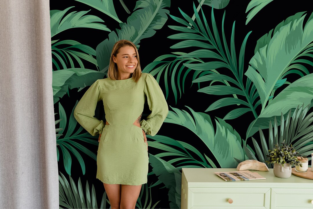 Dark Tropical Green Leaves Wall Mural | Wall Decor | Home Renovation ...
