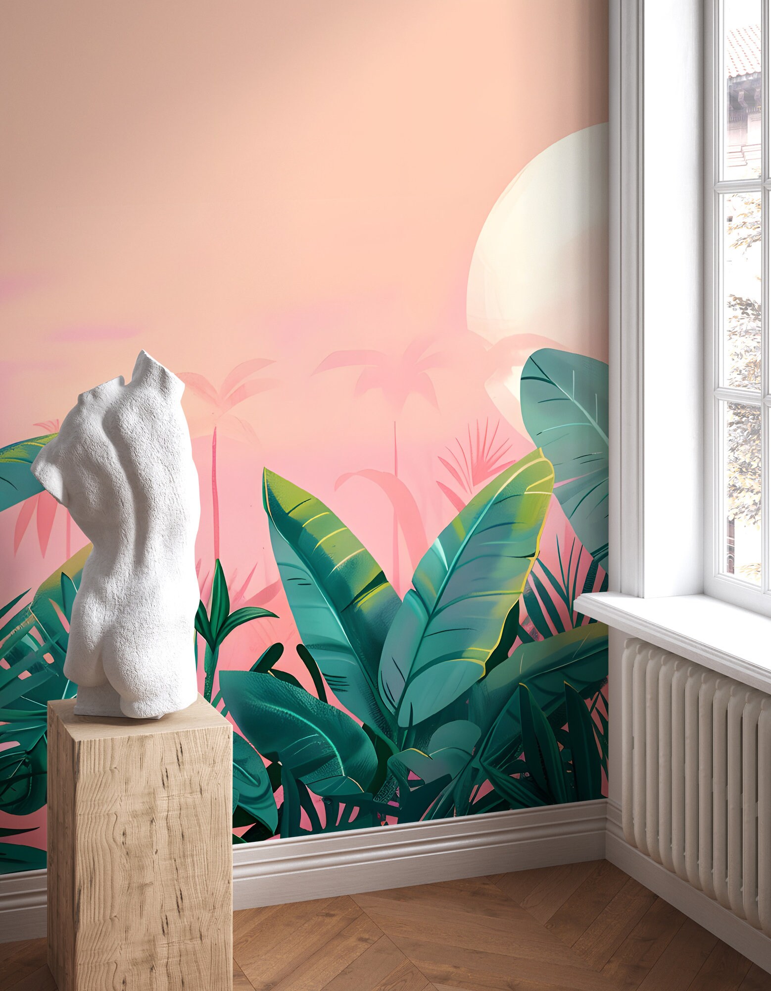 Tropical Green Leaves Wall Mural | Pink Wall Decor | Home Renovation ...