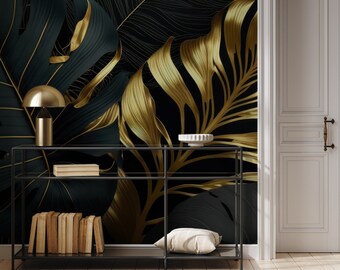 Tapete mit tropischen Palmblättern | Wanddekoration | Hausrenovierung | Wandkunst | Abziehen und Aufkleben oder nicht selbstklebende Vinyltapete