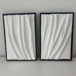 3D abstract wall art | set of two pieces | minimalist wall decor | plaster on canvas | 32 x 22 cm each | white | brown wooden frames