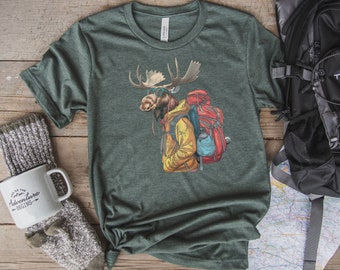 Traveling Moose Tee, Adventure Hiking Outdoor Shirt, Wildlife Animal Lovers, Graphic Tee, Unisex