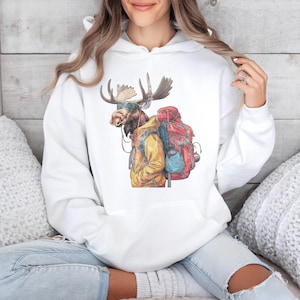 Traveling Moose Hoodie, Adventure Hiking Outdoor Sweatshirt, Wildlife Animal Lovers, Unisex