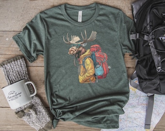 Traveling Moose Tee, Adventure Hiking Outdoor Shirt, Wildlife Animal Lovers, Graphic Tee, Unisex