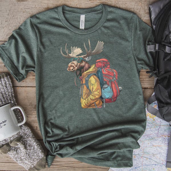 Traveling Moose Tee, Adventure Hiking Outdoor Shirt, Wildlife Animal Lovers, Graphic Tee, Unisex