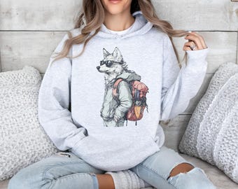 Moletom com Capuz Lobo Viajante, Ideal para Aventuras, Caminhadas e Atividades ao Ar Livre, Perfeito para Amantes da Vida Selvagem e Animais, Unissex