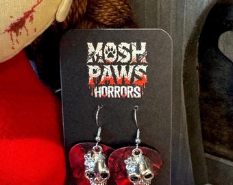 Edgy Skull Guitar Pick Drop Earrings – Rocker/Punk/Metalhead/Gothic Dangle Earrings, Unique Alternative Jewelry, Punk Rock Accessories