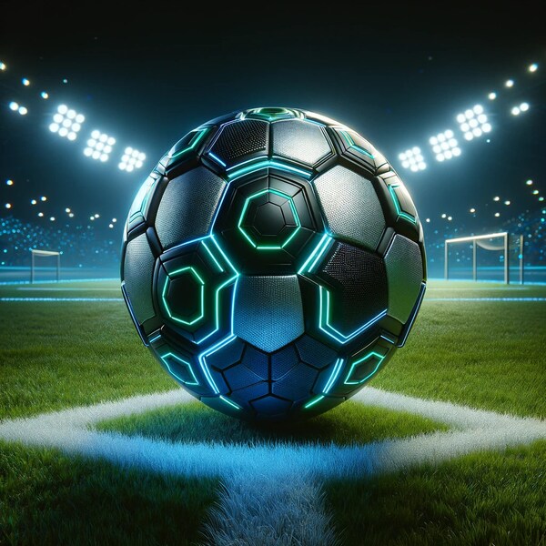 Futuristic and Stylish Soccer Ball: Blue Pentagons, Silver Hexagons & Neon Green Accents on Brightly Lit Grass Field - Digital Image/Poster