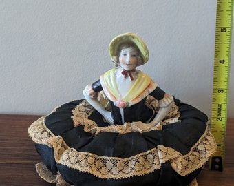 Antique Half-Doll with Vintage Skirt and Yellow Sun-Bonnet - German