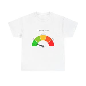 Op de afbeelding: Wit T-shirt met de tekst "CORTISOL LEVEL" boven een meter-afbeelding. De meter toont een naald die naar het "NORMAL" bereik wijst, met kleurgecodeerde secties van groen (laag) tot rood (hoog).