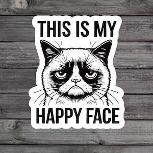 This Is My Happy Face Sticker, Grumpy Cat Sticker, Funny Cat Lover Gift, Laptop Sticker, Animal Lover Book Stickers, Vinyl Sticker