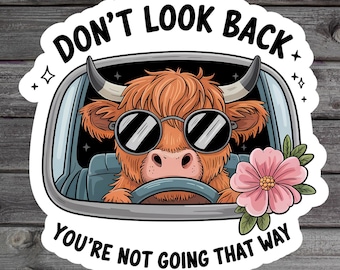 Don't Look Back You're Not Going That Way Sticker, Positive Affirmation, Highland Cow Motivational Sticker For Water Bottle and Laptops
