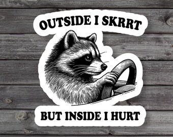 Outside I Skrrt But Inside I Hurt Raccoon Driving Sticker, Funny Raccoon, Millennial Laptop Sticker, Water Bottle Stickers, Vinyl Sticker