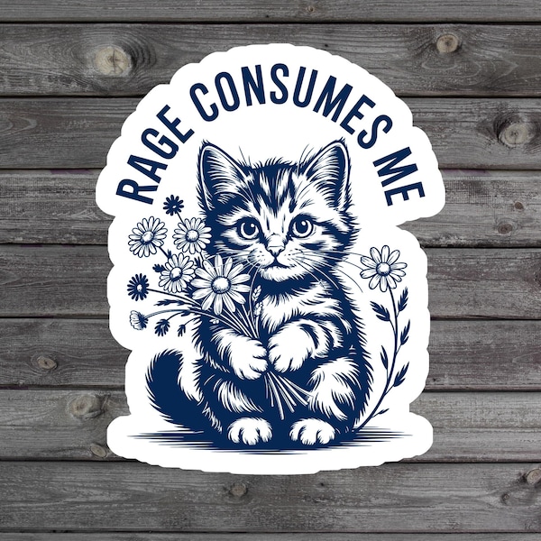 Funny Cat Meme Sticker, Rage Consumes Me, Funny Cat Lover Gift, Sarcastic Dark Humor Laptop Sticker, Pet Owner Water Bottle Gift, Angry Cat