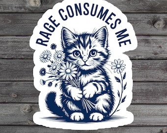 Funny Cat Meme Sticker, Rage Consumes Me, Funny Cat Lover Gift, Sarcastic Dark Humor Laptop Sticker, Pet Owner Water Bottle Gift, Angry Cat