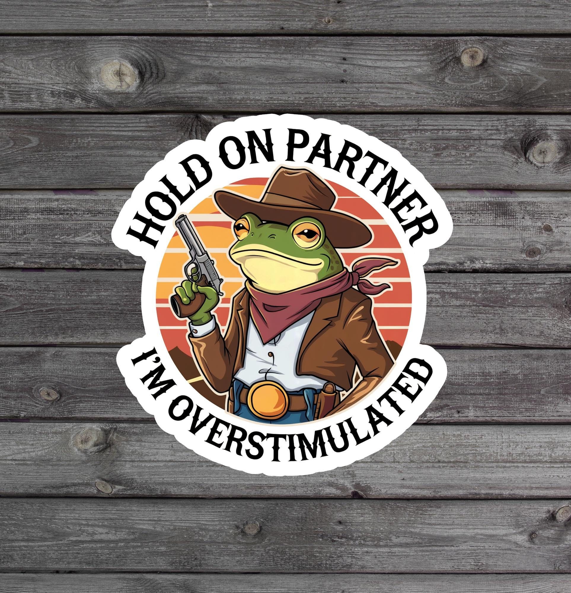 Hold on Partner Im Overstimulated Sticker, Cowboy Frog Sticker, Gen Z ...