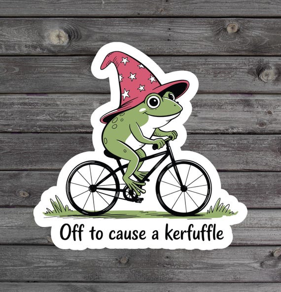 Off To Cause A Kerfuffle Frog Bicycle Sticker, Funny Frog Meme, Cute Chaos Humor, Silly Frog Vinyl Sticker for Laptop and Water Bottle