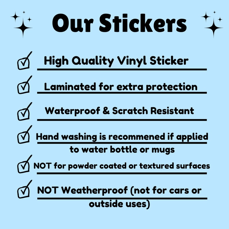 以下が含まれることがあります： 黒い文字で「Our Stickers」と書かれた水色のグラフィック。テキストの後には、高品質ビニールステッカー、追加保護のためのラミネート加工、防水性と耐スクラッチ性などの機能がリストされています。