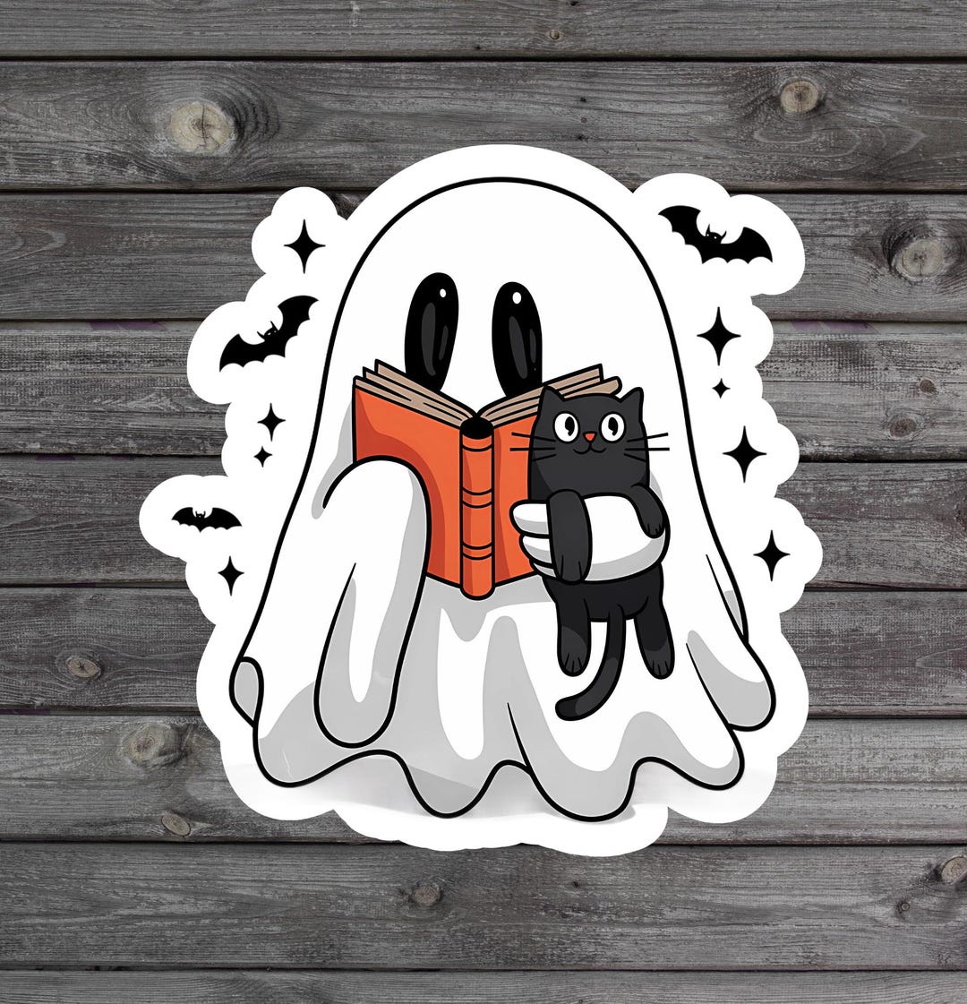 Cute Bookish Ghost With Cat Sticker, Halloween Ghost Reading Sticker ...