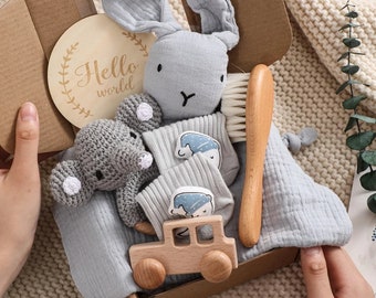 New Parent Gift Box with Elephant Crochet Rattle, Milestones, Boy Hamper | Postpartum Gift