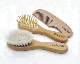 Ensembles de brosses à cheveux pour bébé en bois personnalisés - Nom personnalisé, poils de laine pour les étapes importantes et plus encore !