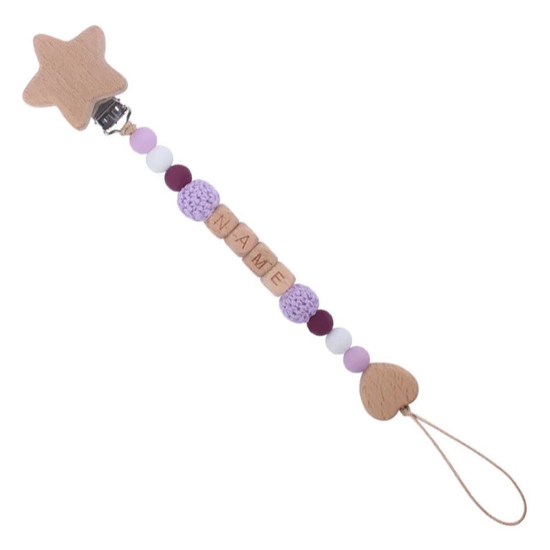 Unique Baby Pacifier Clip Beech Bead Dummy Holder Personalized First Name Baby Shower Gift Purple/Fuchsia