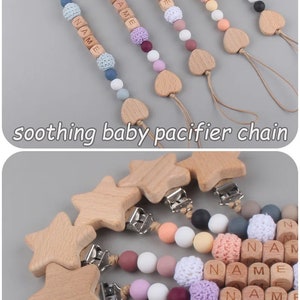 Unique Baby Pacifier Clip Beech Bead Dummy Holder Personalized First Name Baby Shower Gift image 2