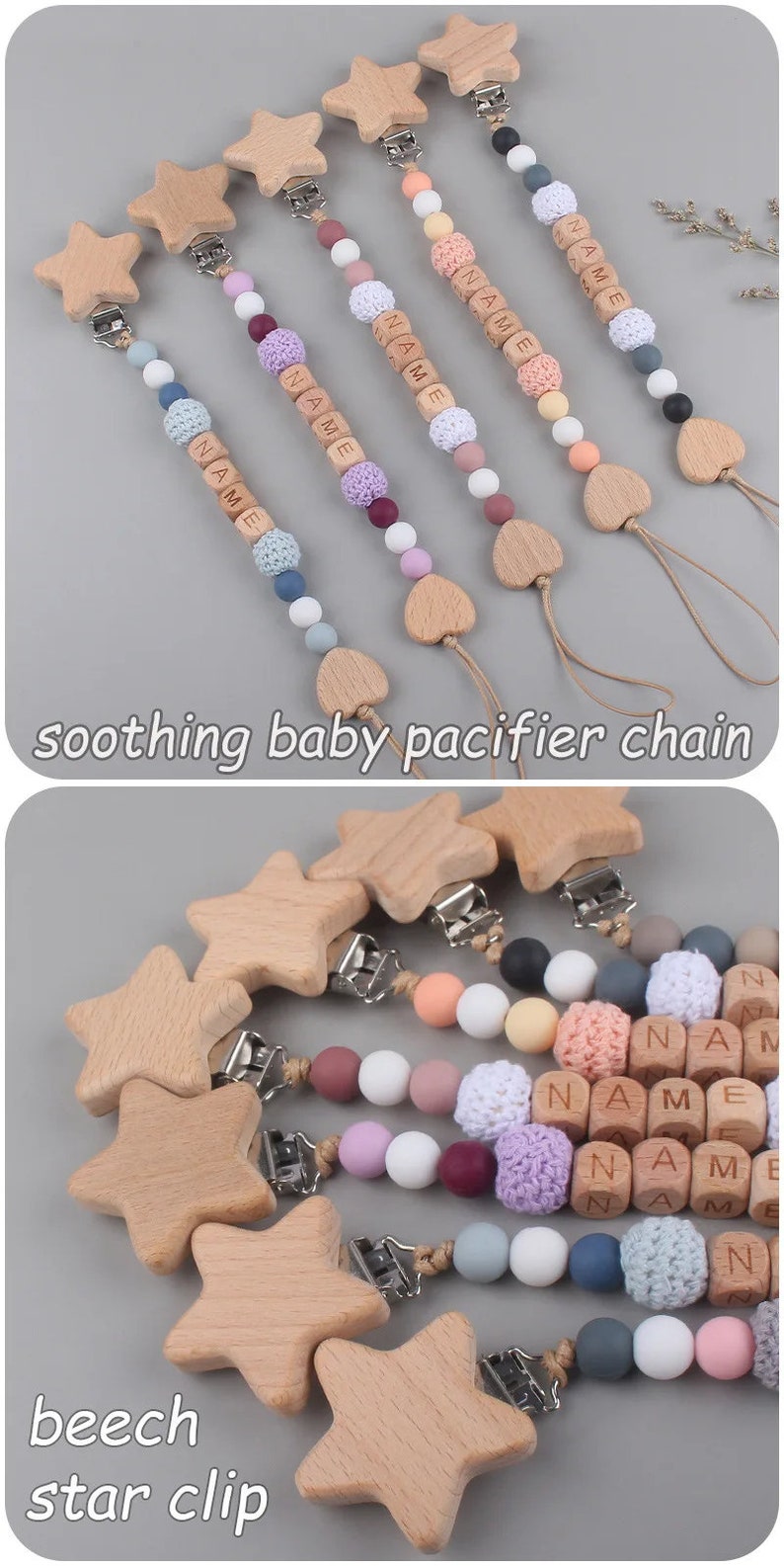 Unique Baby Pacifier Clip Beech Bead Dummy Holder Personalized First Name Baby Shower Gift image 2