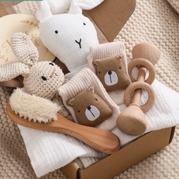 Newborn Gift Basket with Bunny Crochet Rattle, Milestones, Hamper, Baby Shower Set