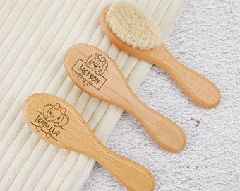 Personalized Baby Hair Brush: Wooden, Cute Animal Design - Ideal for Birth, Baptism, Birthday