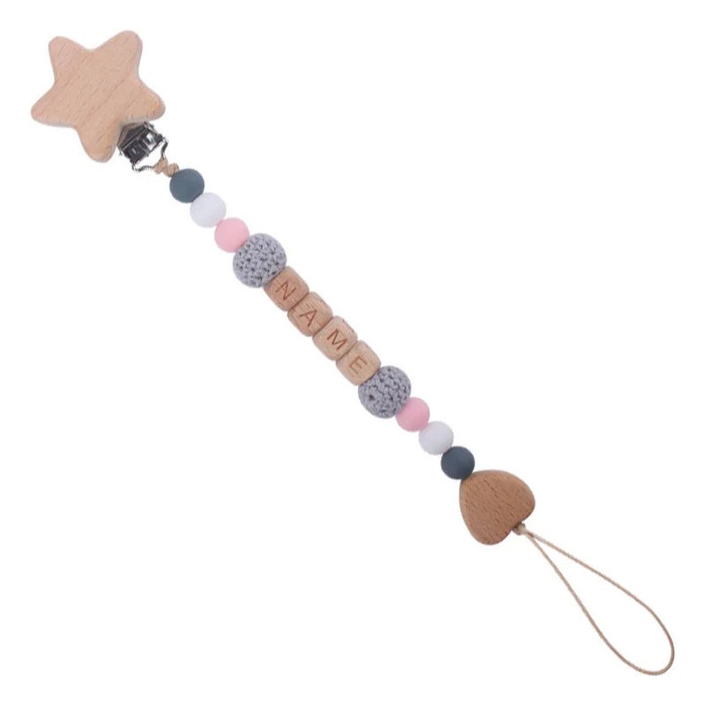 Unique Baby Pacifier Clip Beech Bead Dummy Holder Personalized First Name Baby Shower Gift Grey/Pink