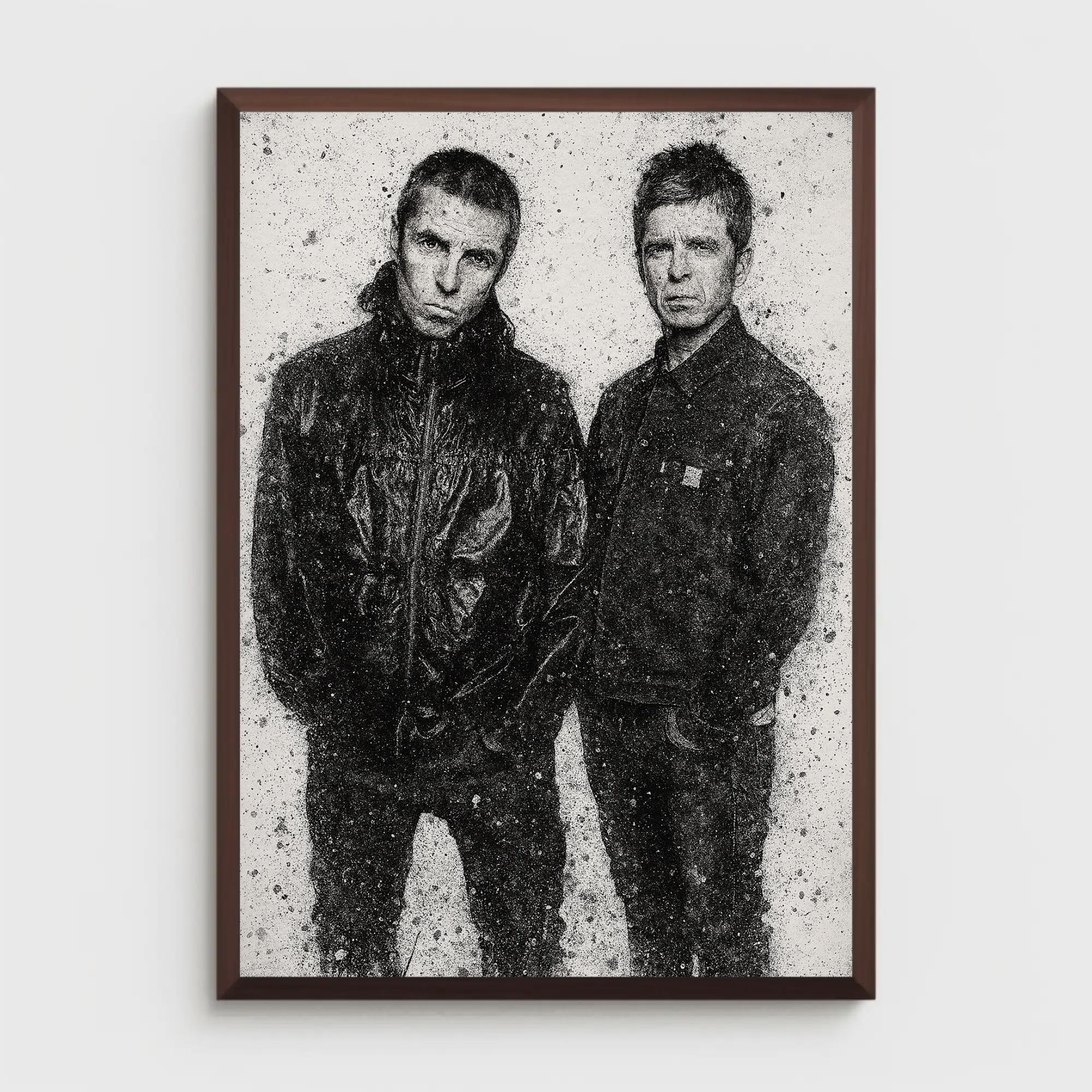 Oasis Reunion Paint Splatter Art Print – Liam & Noel Gallagher Wall Decor – Britpop Music Poster – Rock Band Fan Gift – Black and White Art