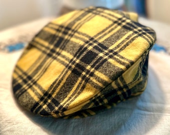 Vintage, Gelb und Schwarz karierte Schiebermütze aus 100% reiner Schurwolle von Pendelton