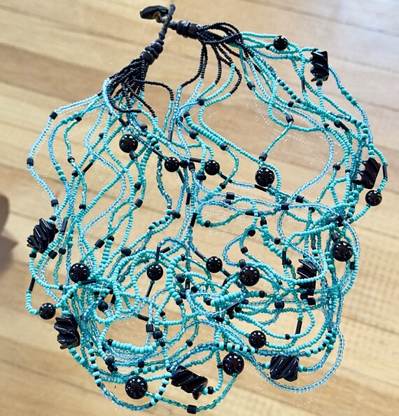 Vintage 14 Strand, Turquoise And Black Beaded Neck