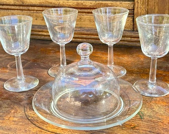 Mid Century, Vintage, Glass Cheese Dome Set With Four Wine Glasses, Set Of Six