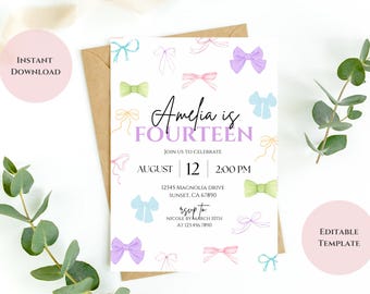 Little Colorful Bows Birthday Invitation | Elegant & Preppy | Editable Invite for Any Age | Cute Girls Party Template