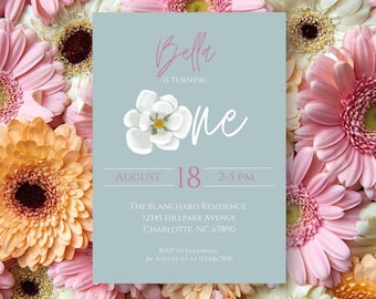 Blue & White Magnolia ONE Floral Party Invite | Girls First 1 Birthday Invitation | Editable Template | Boho Spring Theme | Digital Download