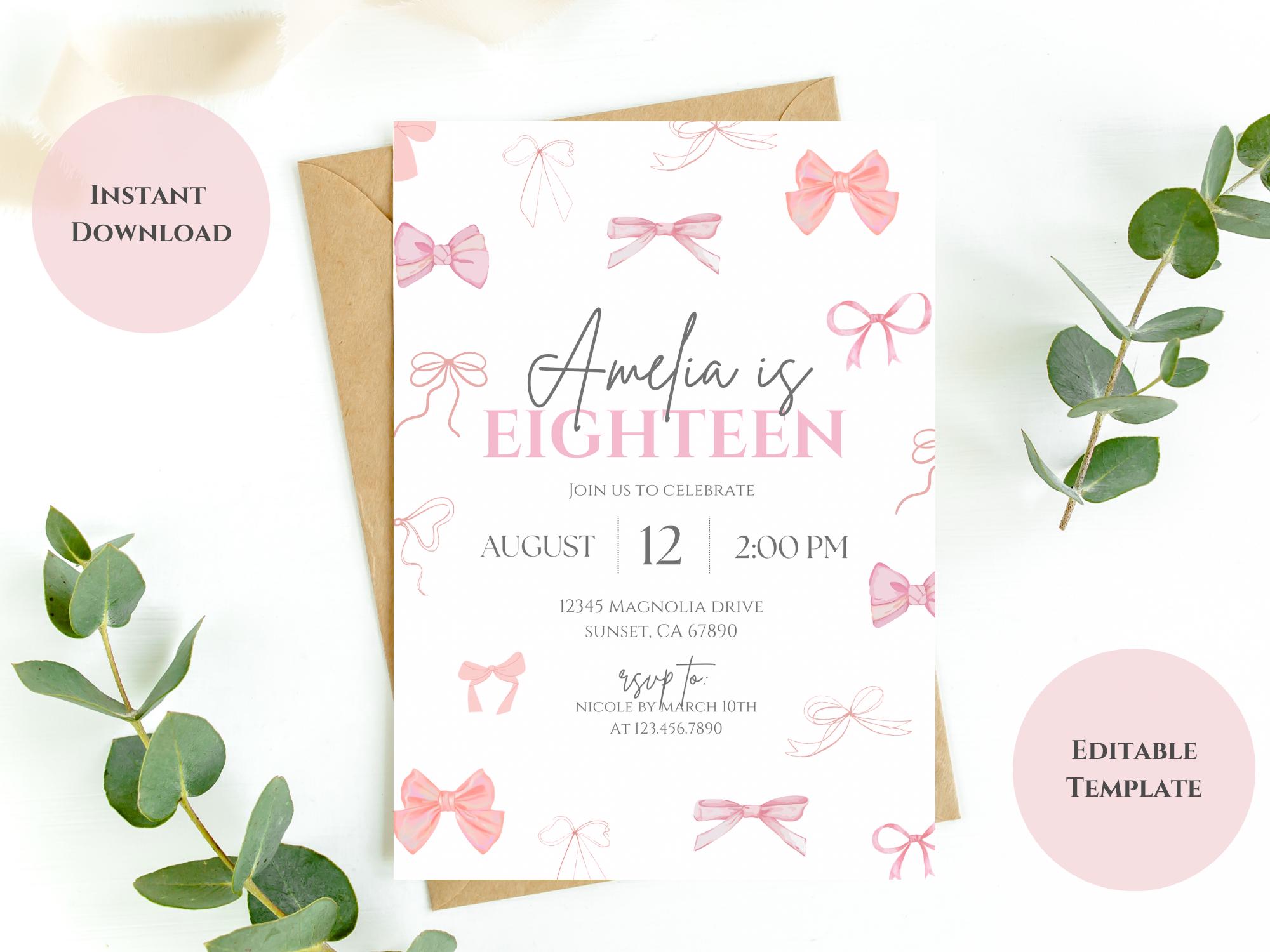 Little Pink Bows Birthday Invitation | Elegant & Preppy | Editable Invite for Any Age | Cute Girls Party Template