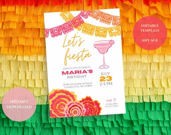 Let’s Fiesta Birthday Invitation | Margarita, Banners, Flowers | Pink, Yellow & Orange Summer Party | Hispanic Theme | Editable TemplATE