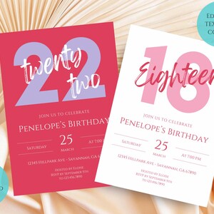 Könnte beinhalten: Zwei Geburtstagseinladungen. Eine rote Karte mit einer lila "22", die andere weiß mit einer rosa "18". Beide Karten enthalten Details zur Veranstaltung, wie Datum, Uhrzeit und Ort.