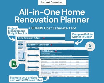 Home Renovation Planner & Project Cost Estimator | Google Sheets Home Reno Spreadsheet | Home Renovation Budget Expense Tracker