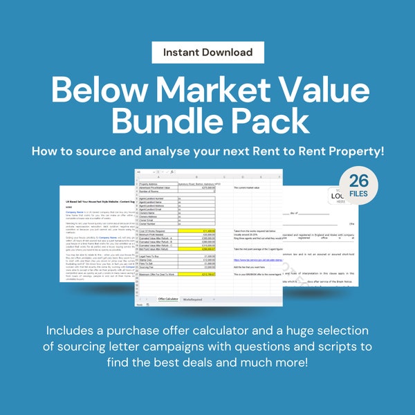 Below Market Value (BMV) Bundle Pack | Purchase Offer Calculator, Templates + Sourcing Letter Campaigns, Questions & Scripts to find Deals