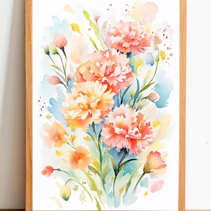 Carnation watercolor flower art digital printable, home decor, wall art, floral wall art, botanical art, Carnations