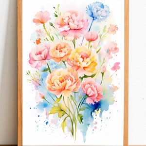 Carnation watercolor flower art digital printable, home decor, wall art, floral wall art, botanical art, Carnations