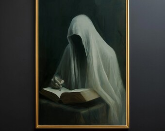 Ghost Writer - Printable Ghost Art, Ghostcore Art, Dark Academia Art, Spooky Art, Vintage Painting, Halloween Art, Ghost Painting