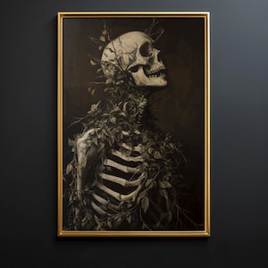 May include: A black and white painting of a human skeleton with a crown of leaves and branches. The skeleton is facing to the right and looking up. The background is dark.